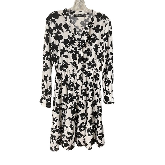Homeyee Women's Black & White Long Sleeve V- Neck Floral Short‎ Dress Size M - Picture 2 of 7